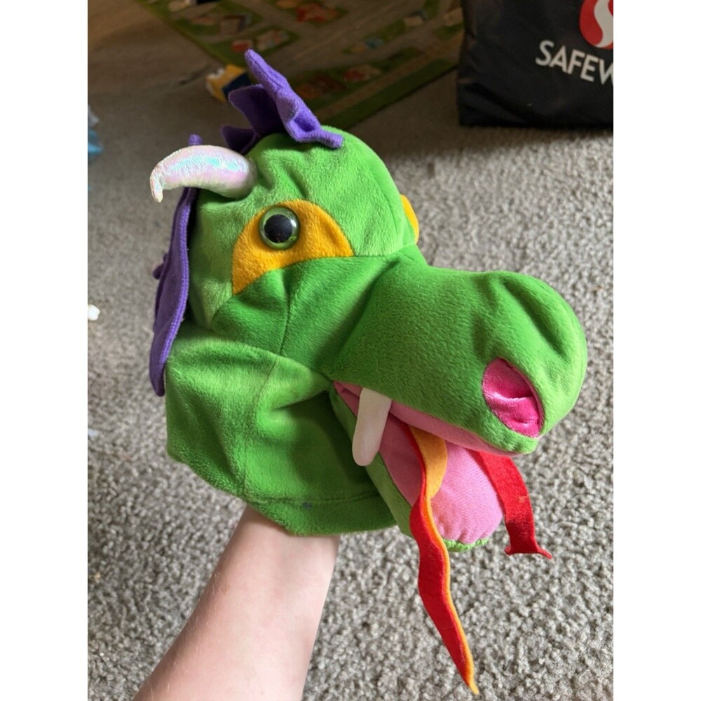 Knoebels Green Funny Dragon Head Plush Stuffed Animal Toy Hat Purple Tongue 11”
